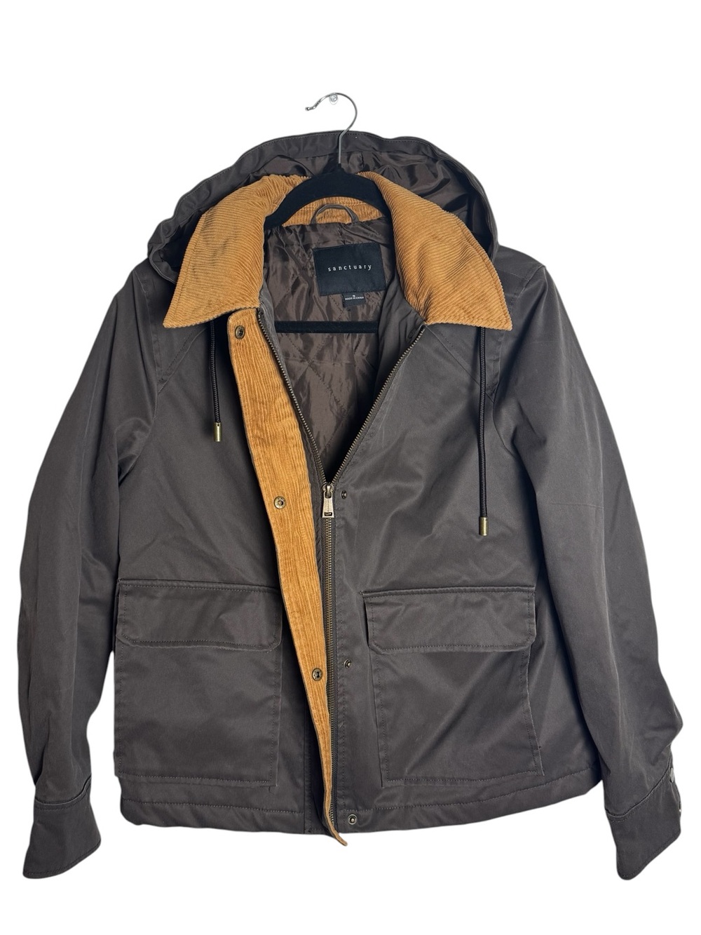 Sanctuary Hooded Waxed Barn Jacket Brown Green Corduroy Collar Utility Coat